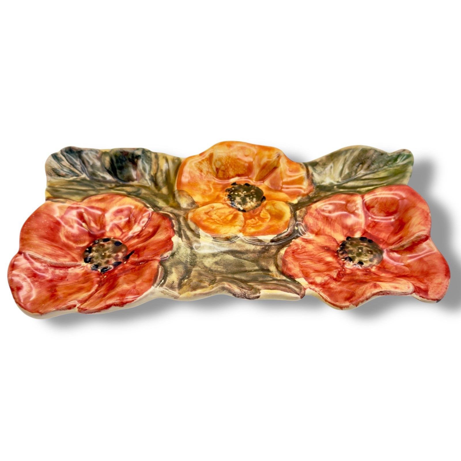 Vintage Italian Art Pottery Poppy Tray Textured Floral 3D Effect MCM Italy