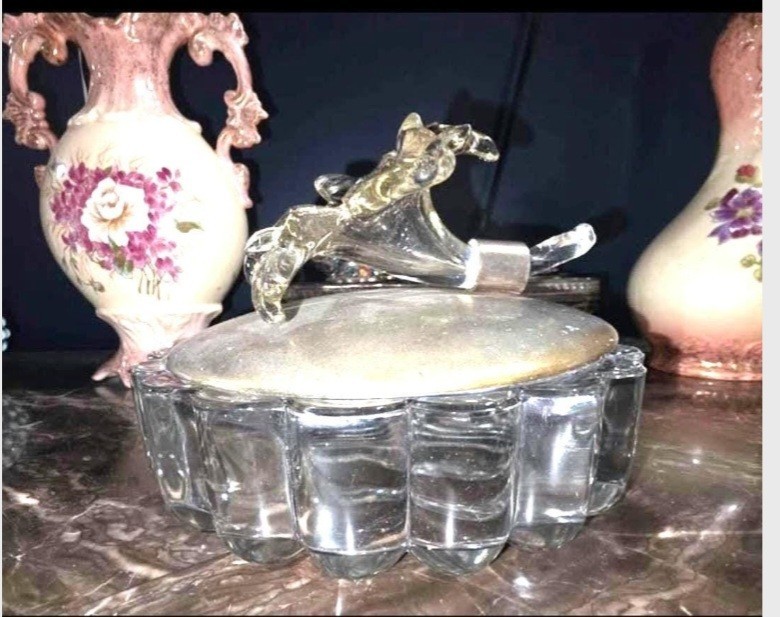 Vintage Glass Covered Candy Dish Frosted Lid Crystal Flower Finial Trinket Box