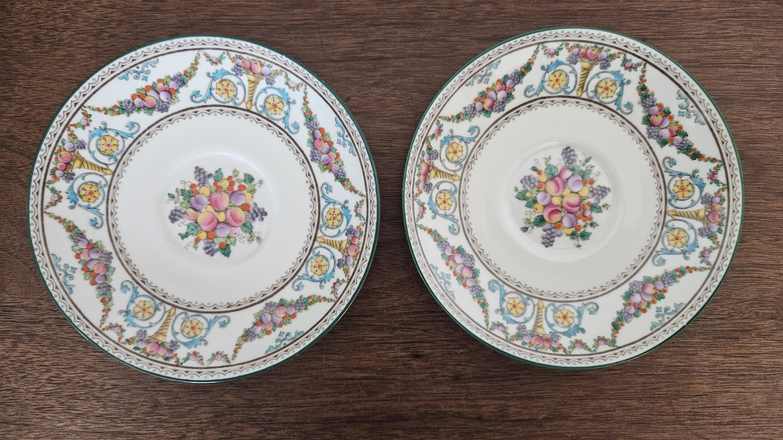 TWO Wedgwood Ventnor Saucers W996 Ivory Background, Fruit Swags 9″
