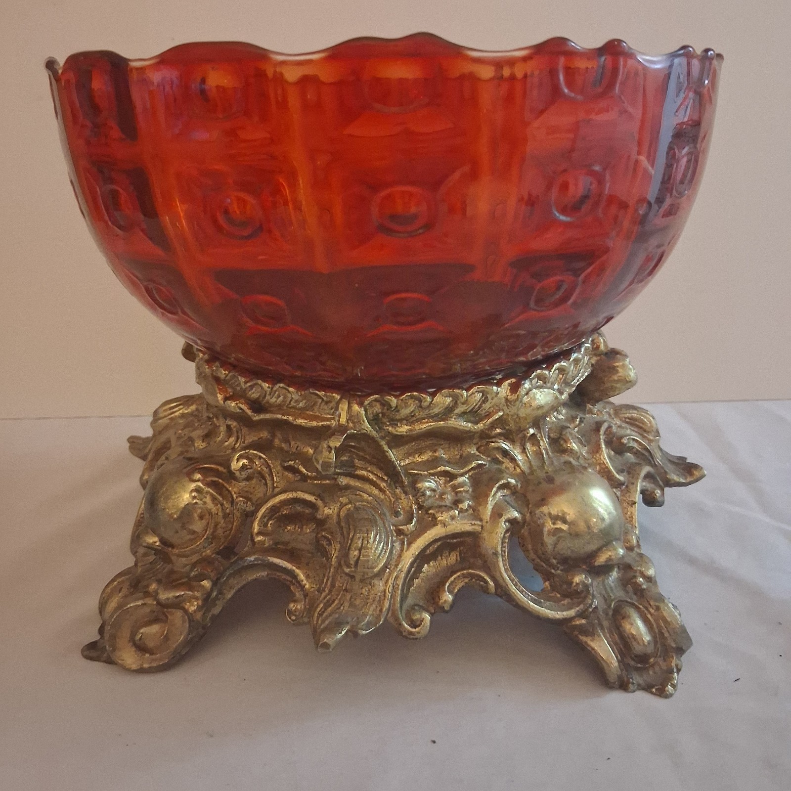 Antique Pitman Dreitzer Amber Glass Punch Bowl With Brass Stand 8″