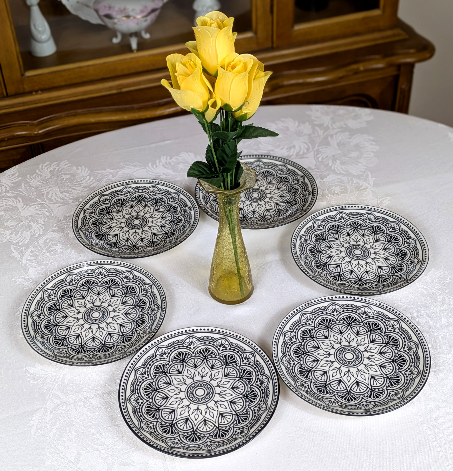 Set 6 Royal Norfolk Black & White Mediterranean Ceramic Salad Plates 7.5 NEW