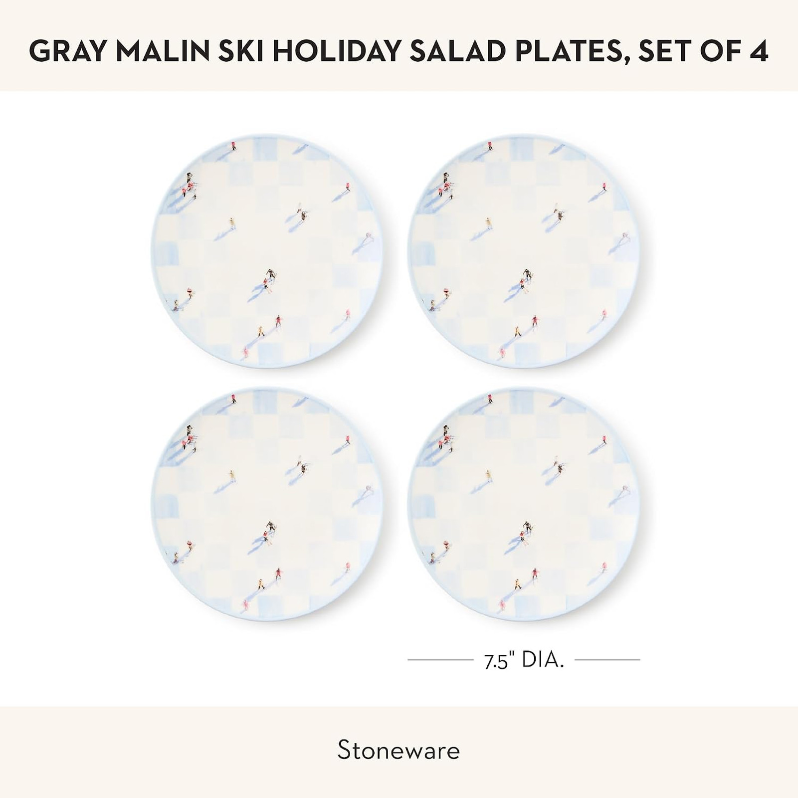 Stoneware Salad Plates Set of 4 Gray Malin Ski Holiday Dinnerware 7.5 Inches