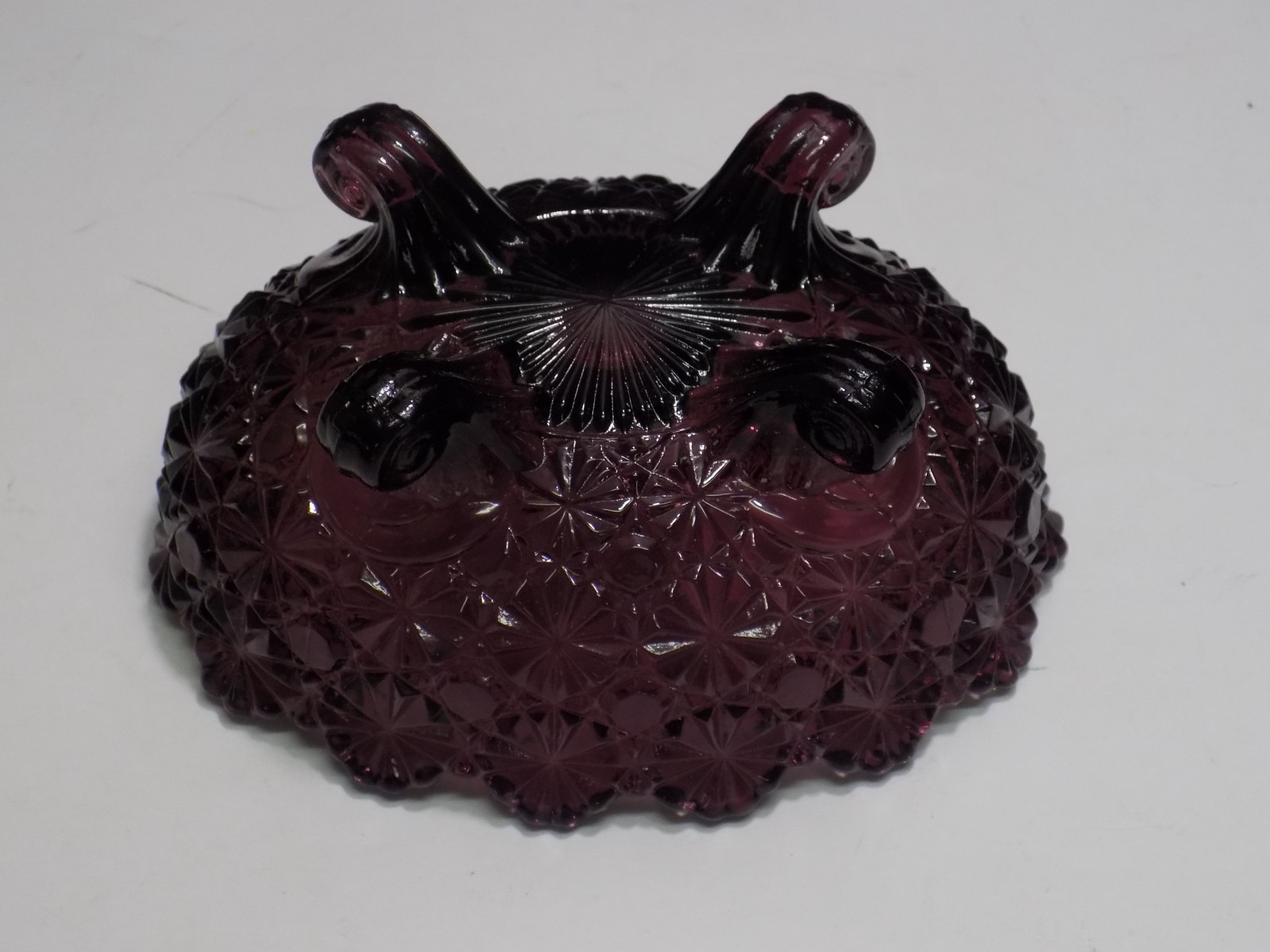 LG Wright Daisy & Button Purple Amethyst Glass 4 Scroll Footed Candle Bowl