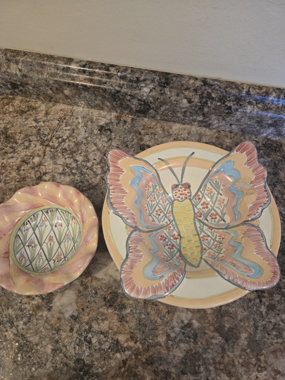 2 HTF Mackenzie Childs Ceramic 8.5″ Butterfly Bowl Retired Plus Iris Bowl