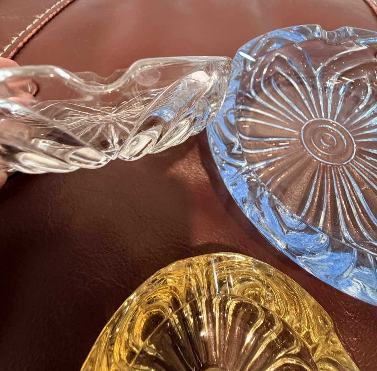 Set of 3 ashtrays Glass Bowls Blue Clear Yellow Pattern 5in Round