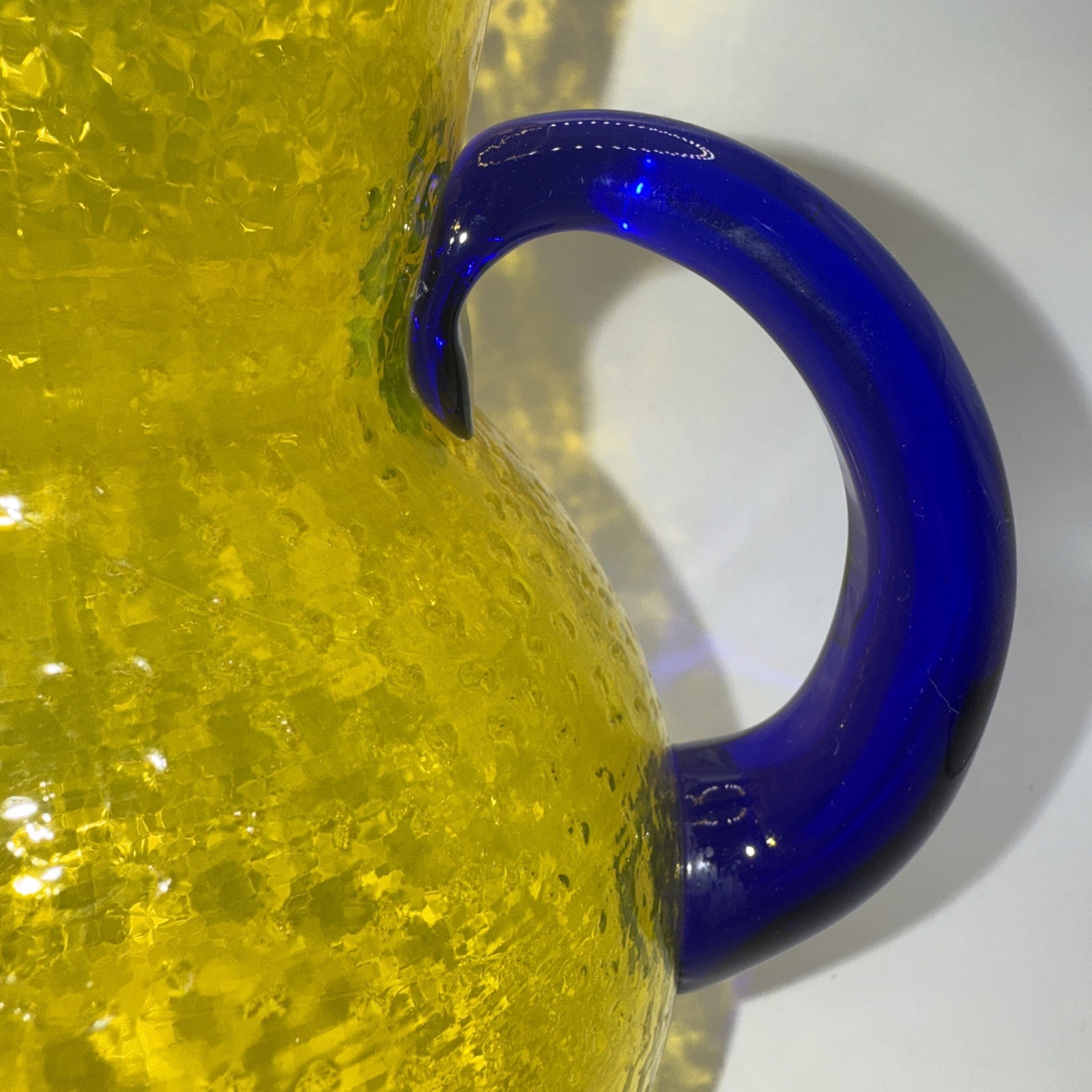 Lemon Yellow Glass Juice Pitcher w/Cobalt Blue Handle Bubble Texture 7”Hx 6”W