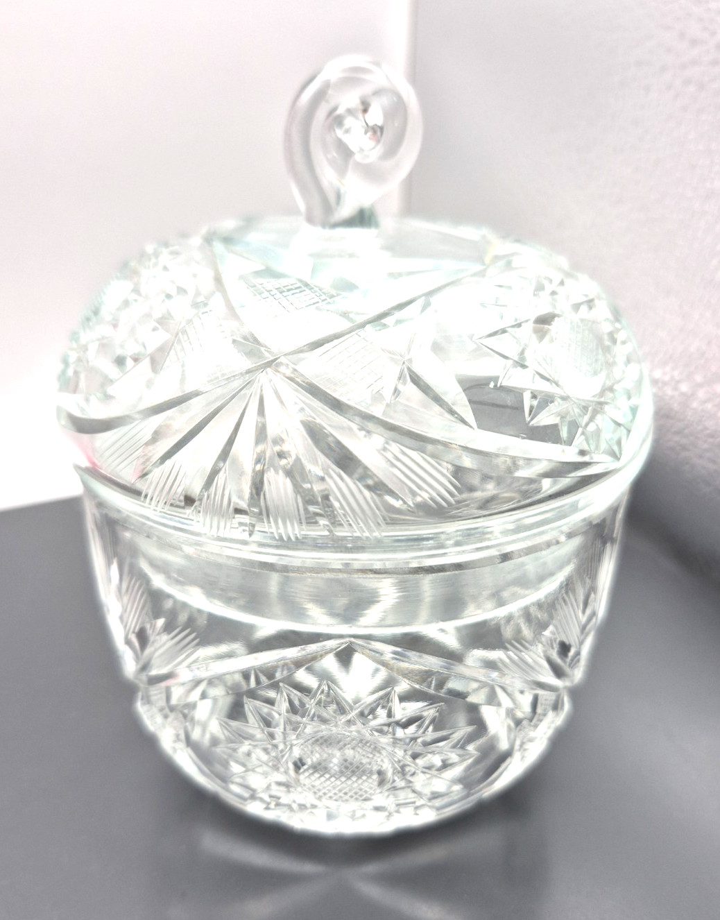 Vintage Clear Cut Lidded Candy Dish Starburst Pattern 6″ Tall EUC