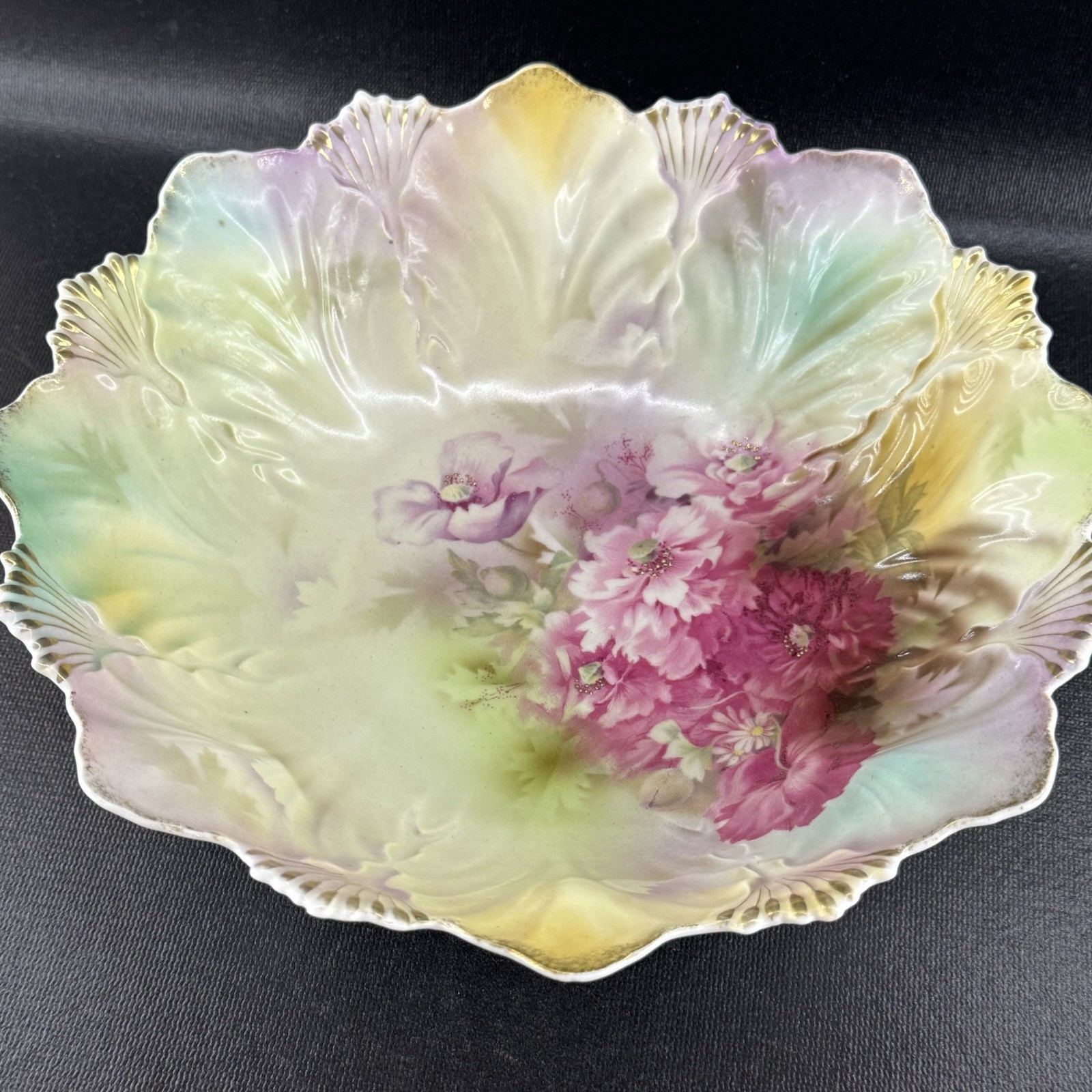 Antique RS Prussia Rare Shell & Fan Mold 10” Bowl Pink Floral Bouquet
