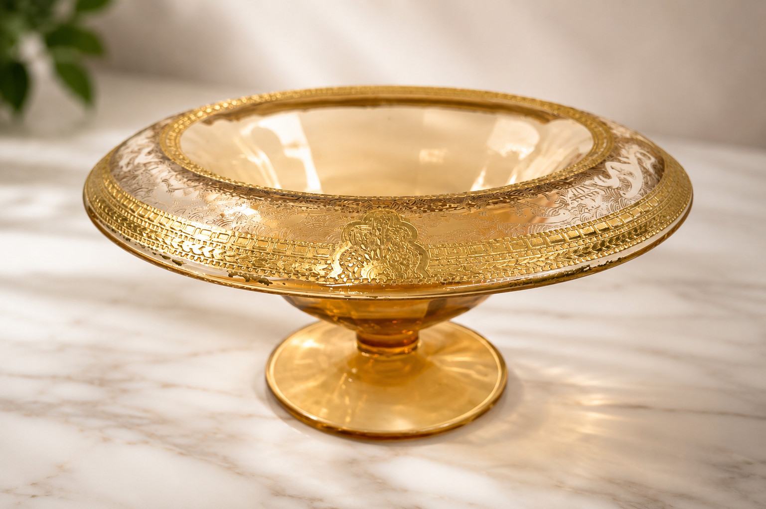 Vintage Amber Glass Pedestal Compote with Rolled Gold Decorative Rim