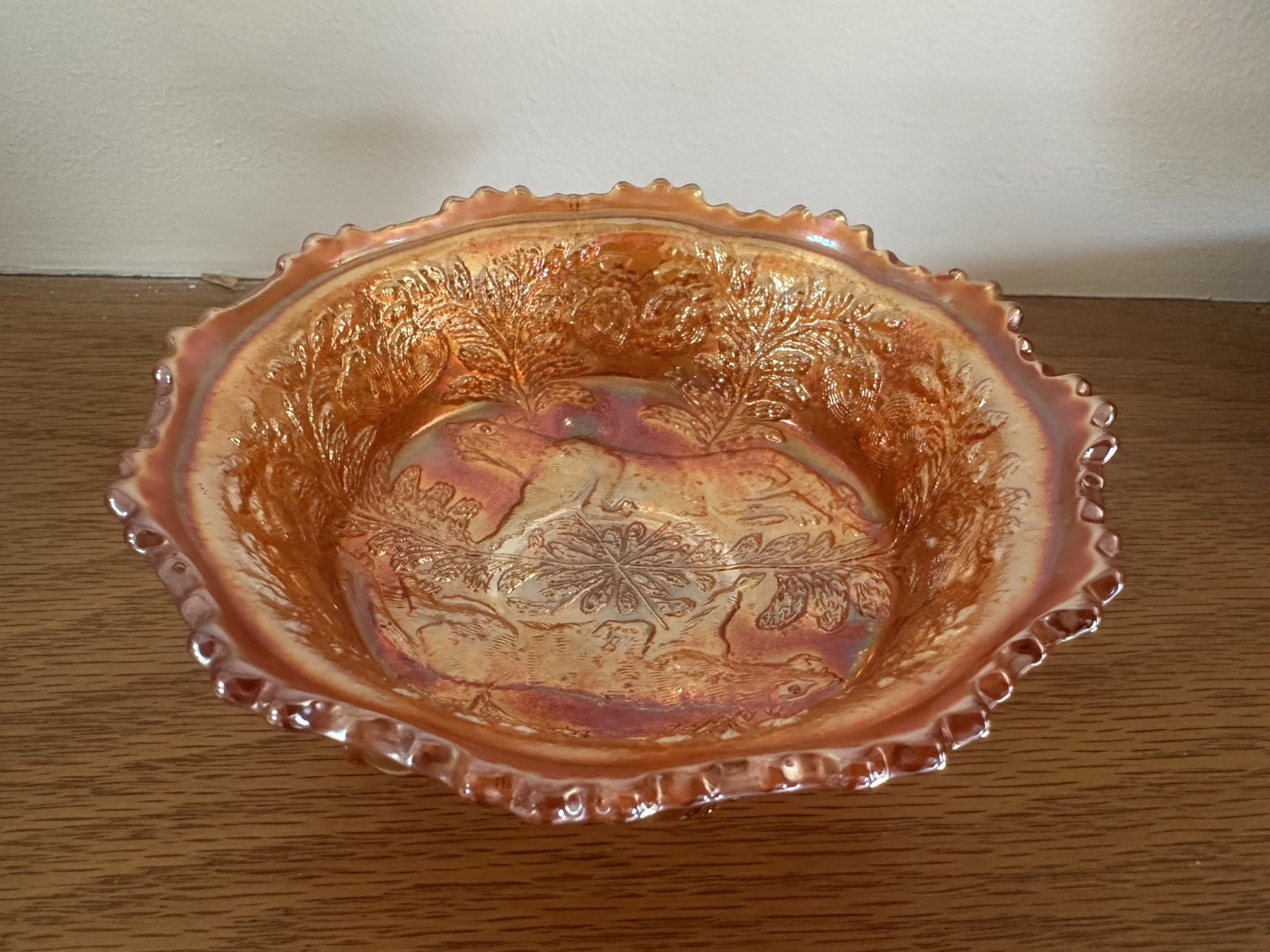 Fenton Marigold Carnival Glass Panther Fern Footed Console Bowl 5″ Antique