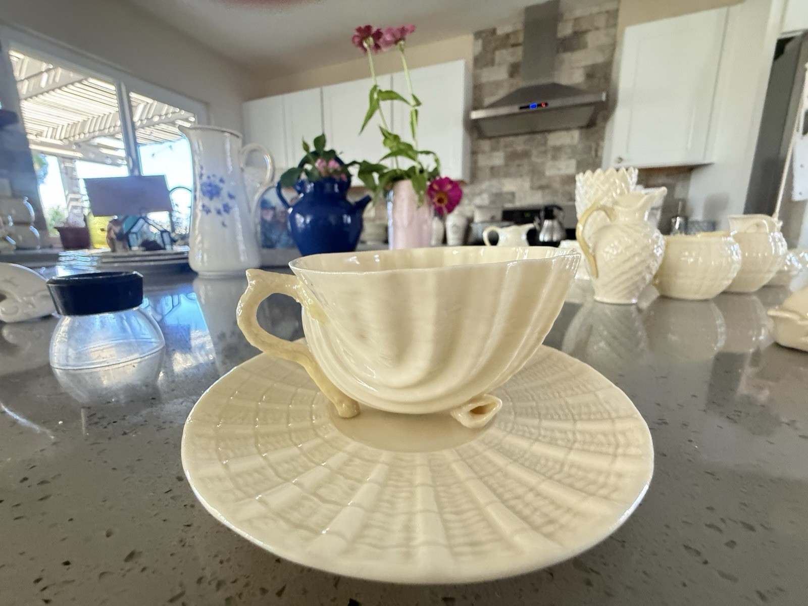 Belleek Ireland Neptune yellow Shell Cup and Saucer vintage 6th Gen green mark