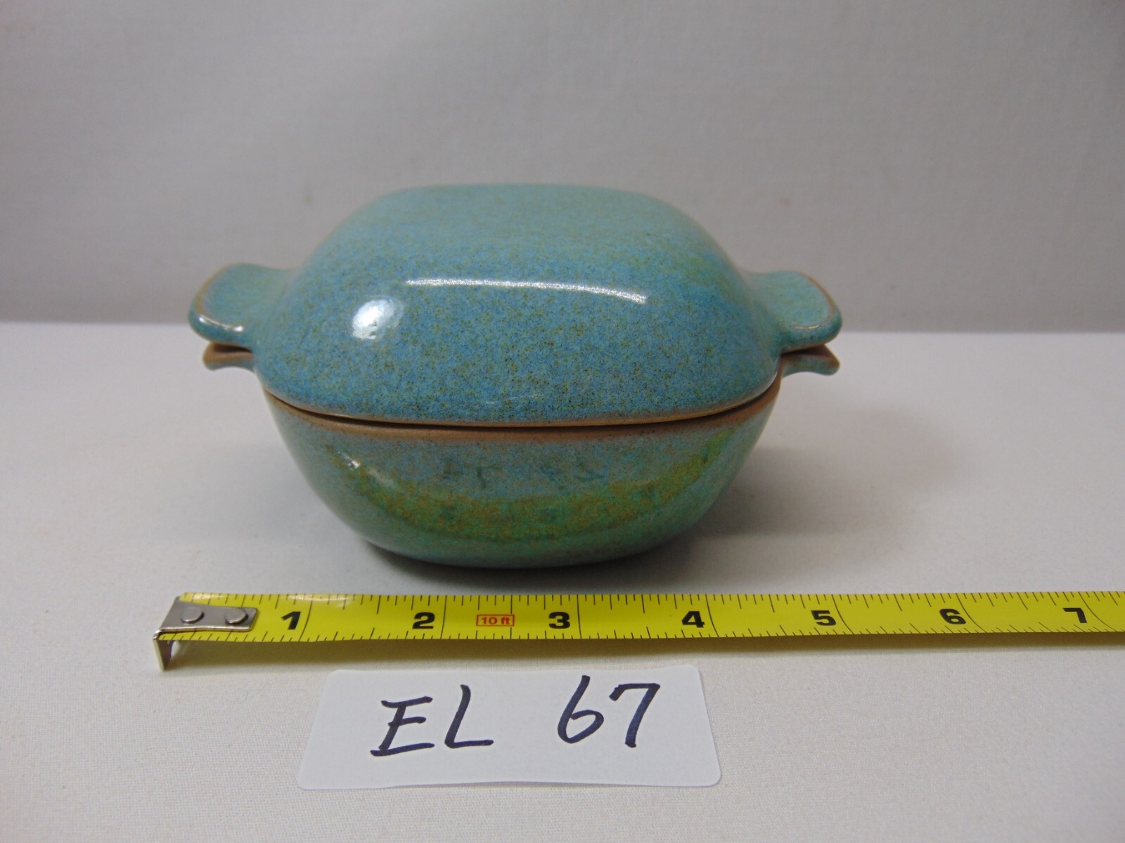 GLIDDEN POTTERY #167 RAMKIN DISH LID SIGNED SEAFOAM BLUE GREEN SPECKLED
