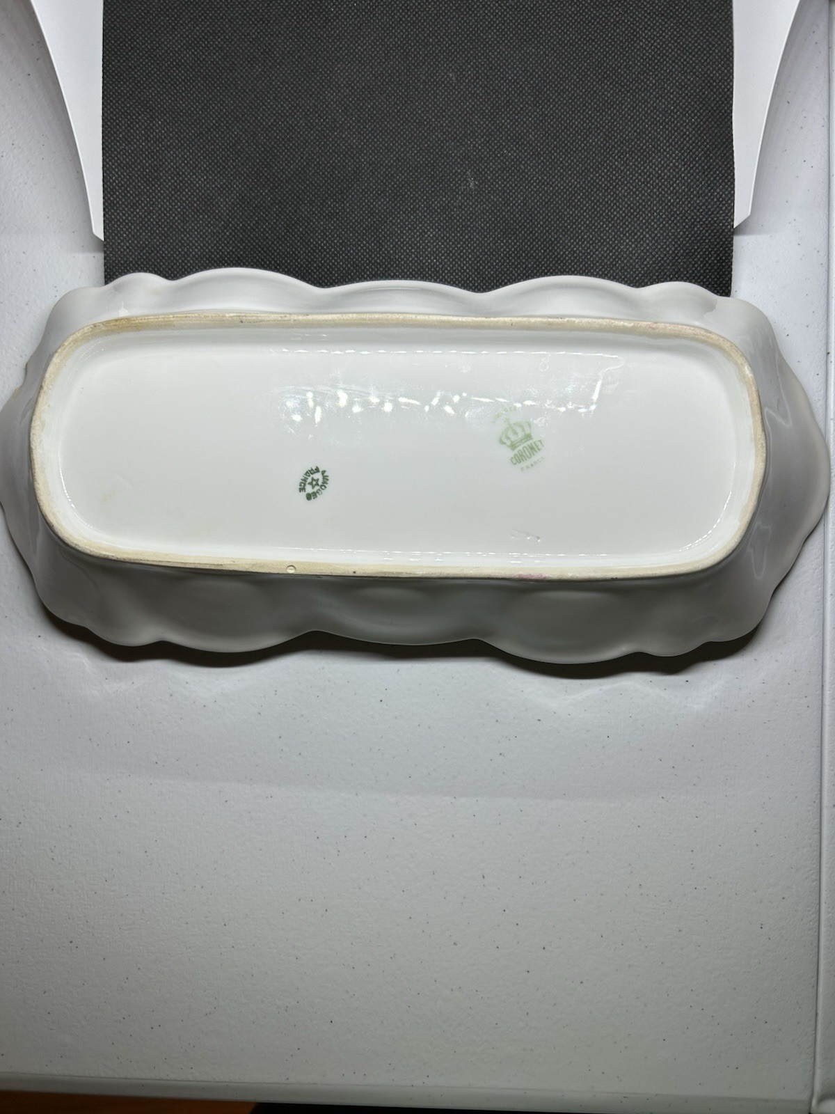 Coronet Limoges France Rose Rectangle Ceramic Celery Dish 12 3/8 by 5 inches.