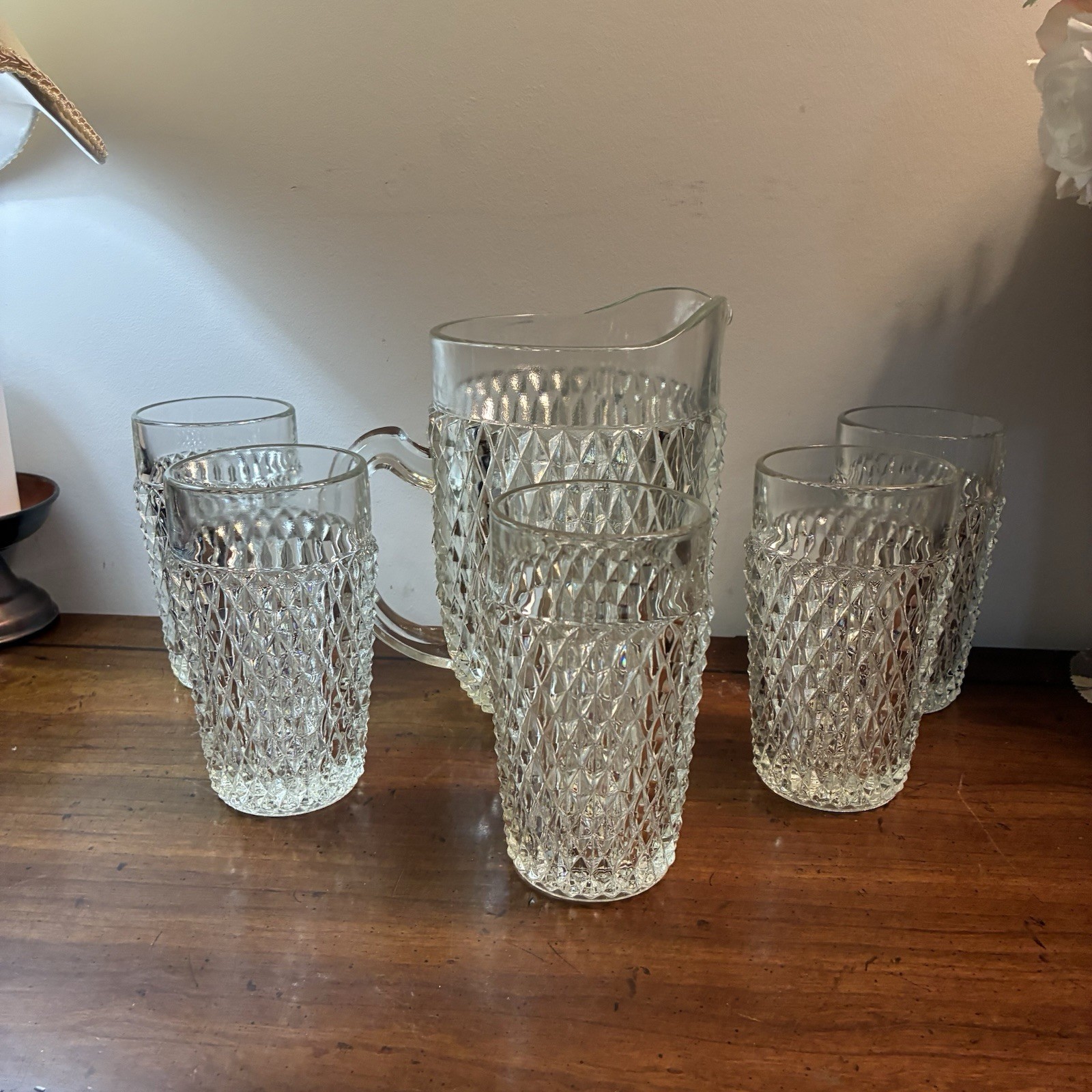 Vintage Indiana Glass Co. Pitcher Clear Diamond Point 52 oz+5 Glasses Water Tea