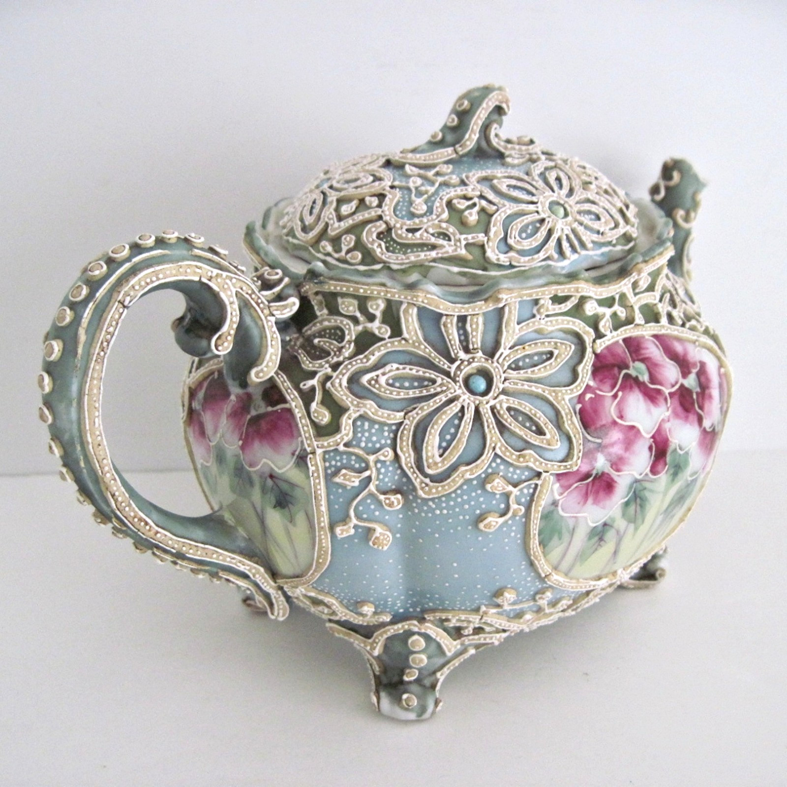Antique Nippon Moriage Teapot Green Blue With Hand Painted Flowers READ