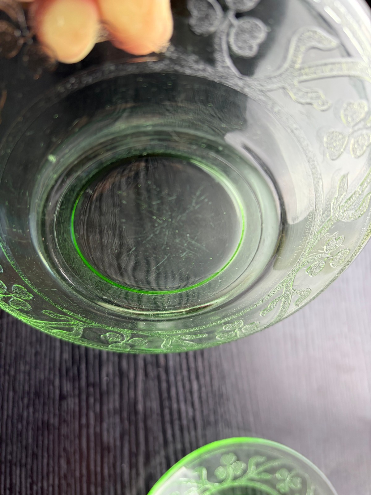 5.75″ Uranium glass plates with floral pattern, set of 2
