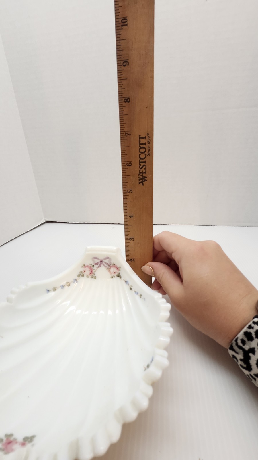 Milk Glass Vintage Shell Dish Footed Hand Painted Roses Bow Floral