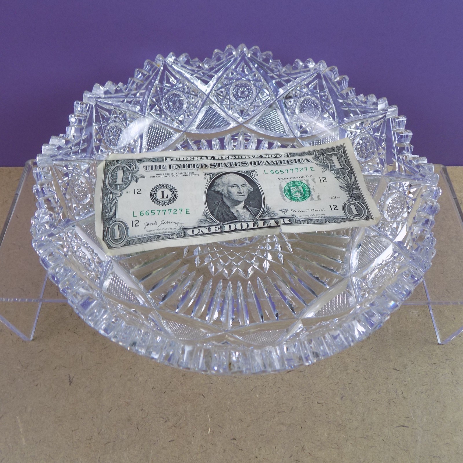 Antique American Brilliant Cut Glass Low Bowl 8″x2″ VGC Hobstar Sunburst