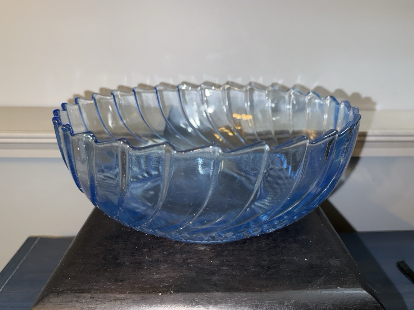 Vtg KIG Blue Glass Salad/Fruit Bowl w/Christmas Tree Design-9.5”-EUC