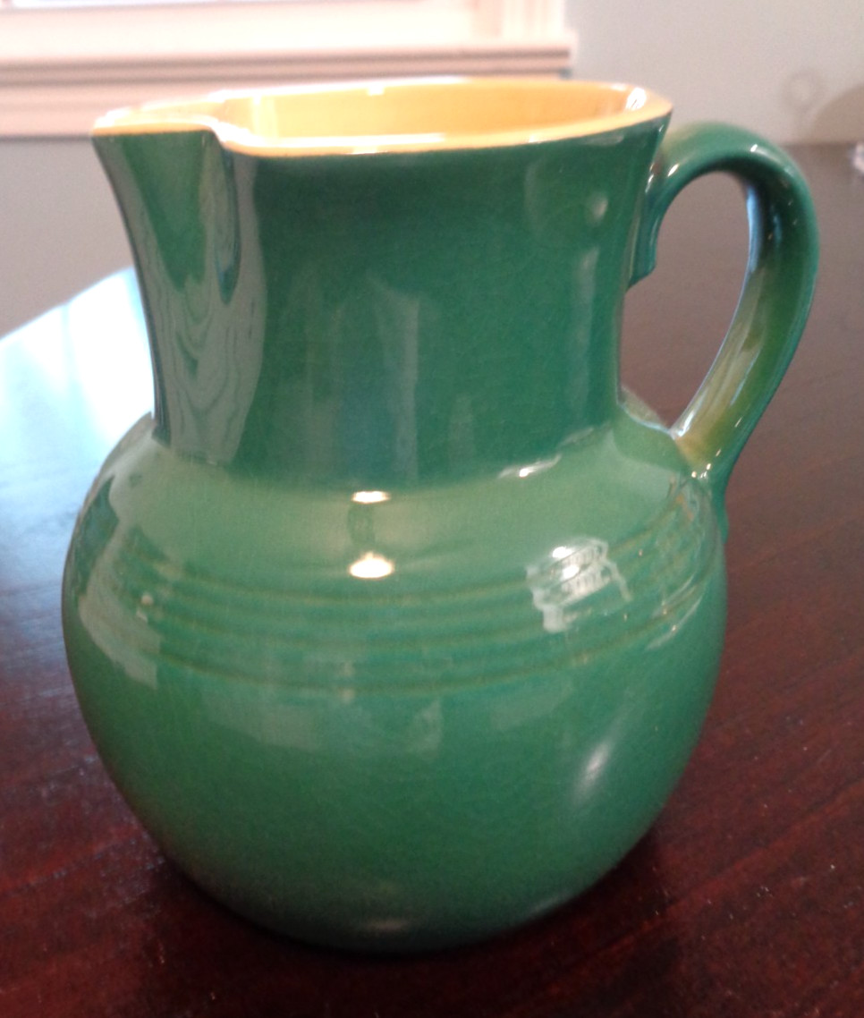 WONDERFUL VINTAGE ROSEVILLE POTTERY DARK GREEN/TEAL PITCHER w/YELLOW INTERIOR