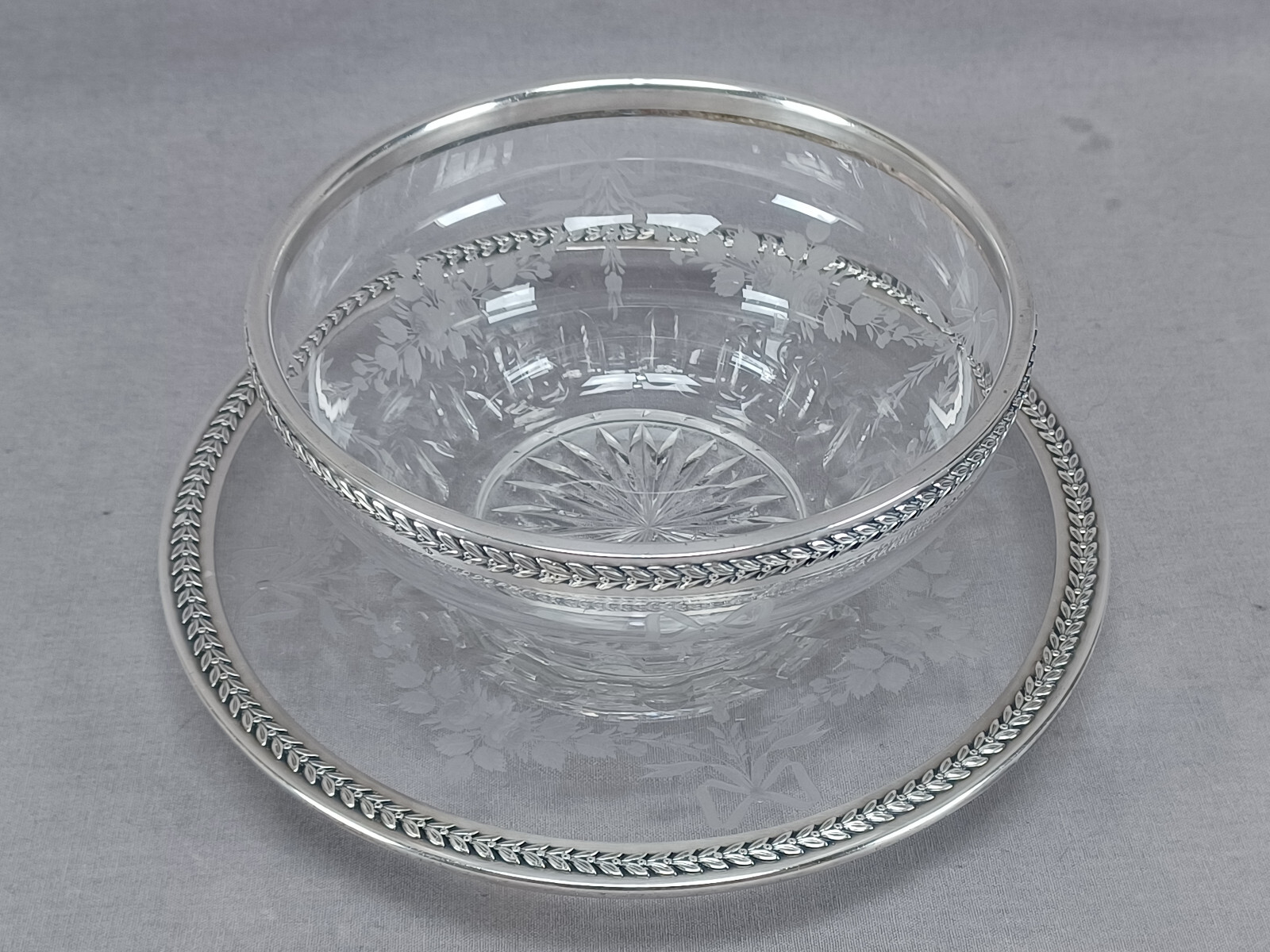 Emile Langlois Paris Engraved Rose Bows Glass Silver Rimmed Bowl & Under Plate