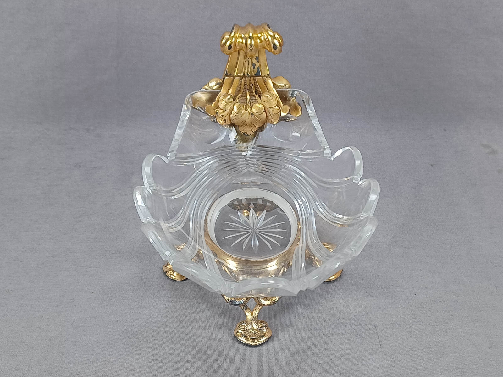 Antique French Cut Glass & Gilt Ormolu Neoclassical Shell Bowl Circa 1820s-1840s