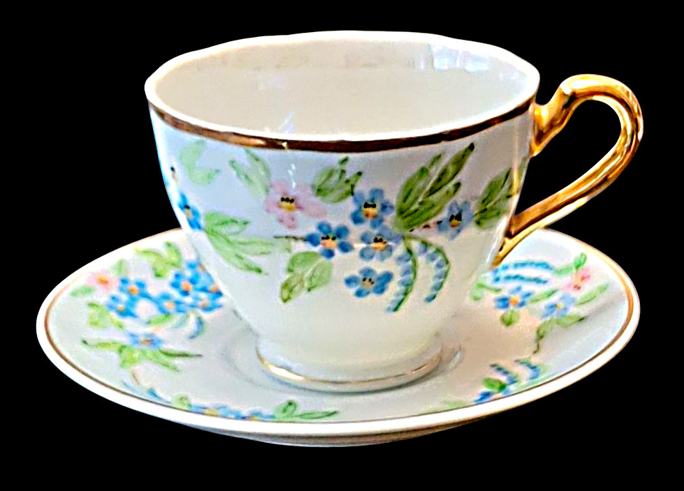 Vintage White Coffee Tea Cup & Saucer Blue Floral Hand-Painted by Ruth of Tucson