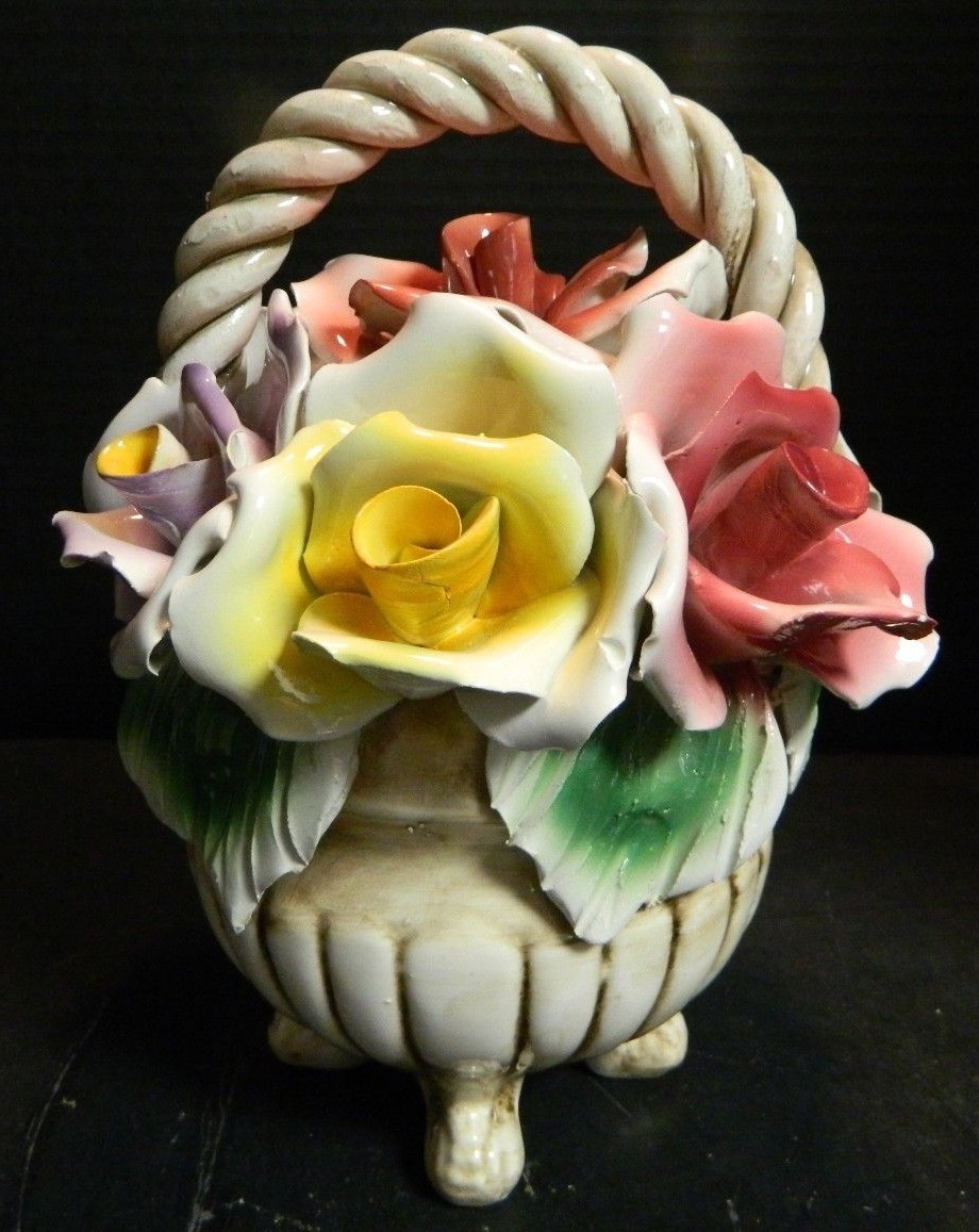 Vintage Large N Capodimonte Footed Roses Basket 9″ x 6.75″ x 7″ Excellent Cond