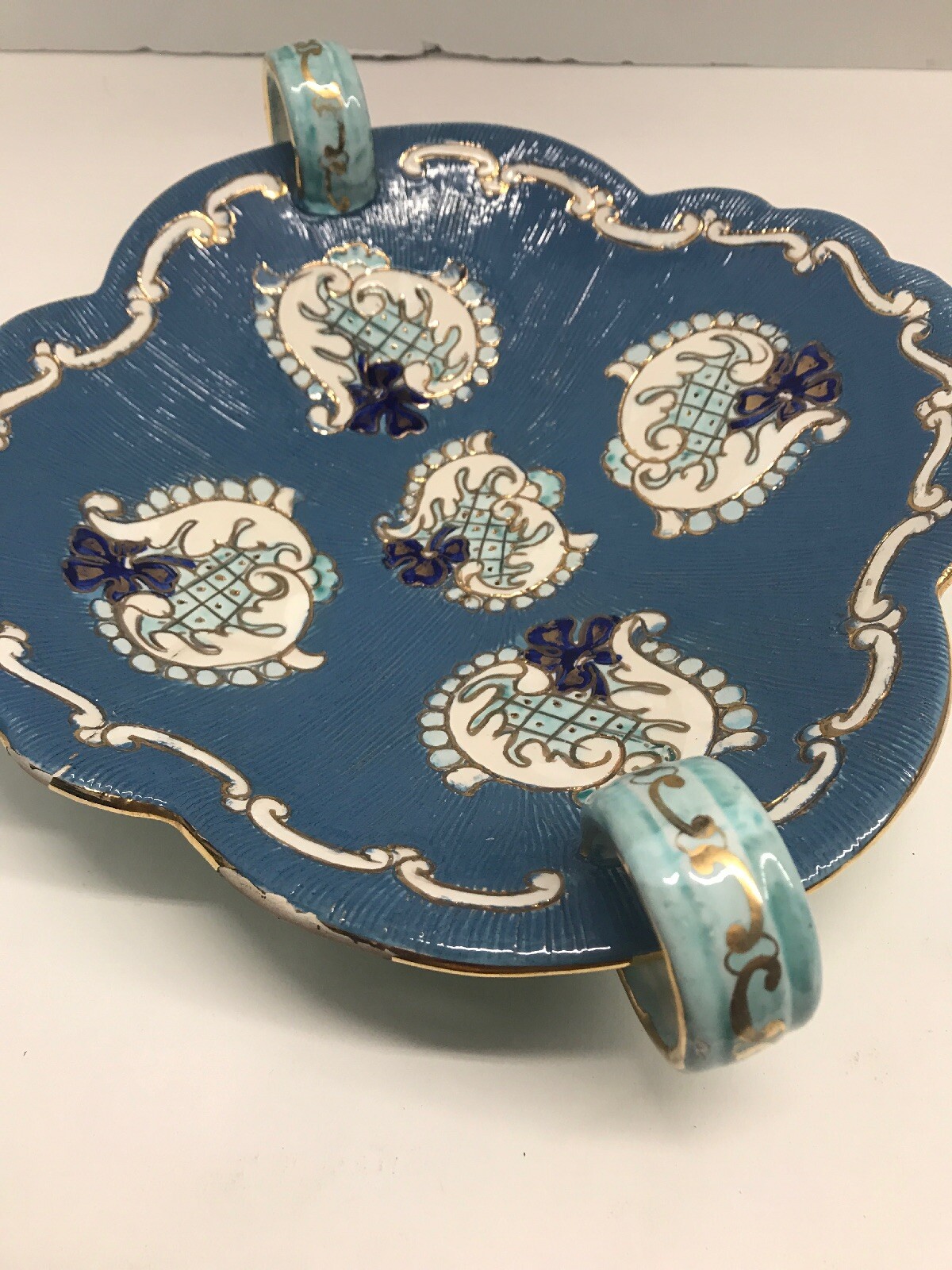Deruta Bowl Italy Pottery Signed Numbered Blue Gold Leaf Chips On Edge 8”