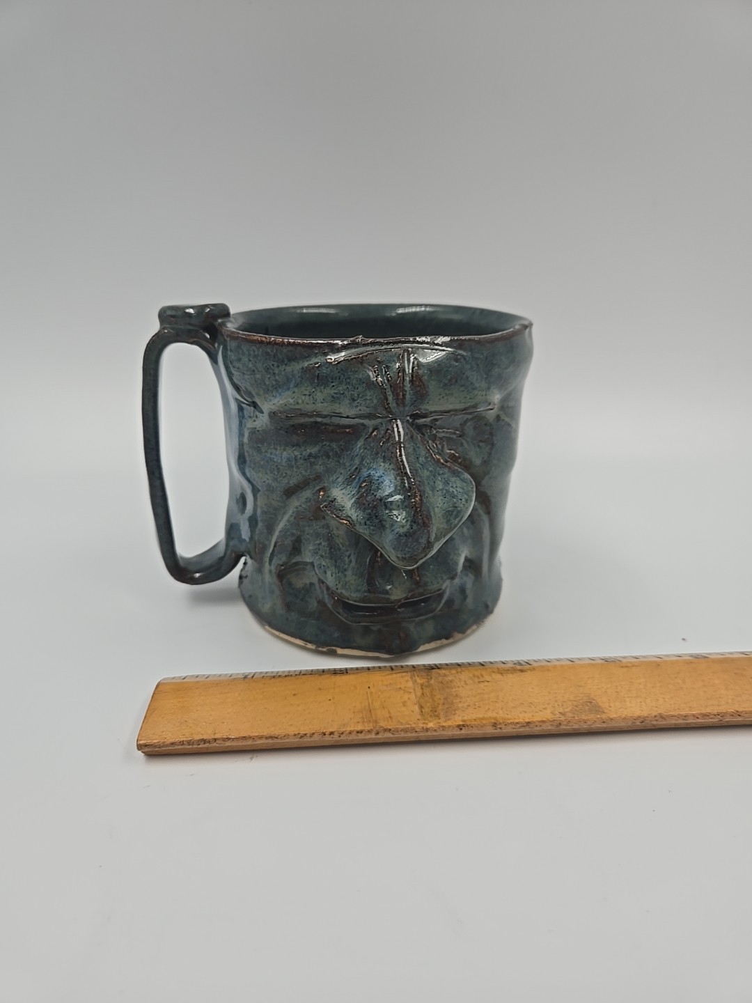 Handmade Stoneware Art Pottery Ugly Face Funny 3D Blue Glazed 12oz
