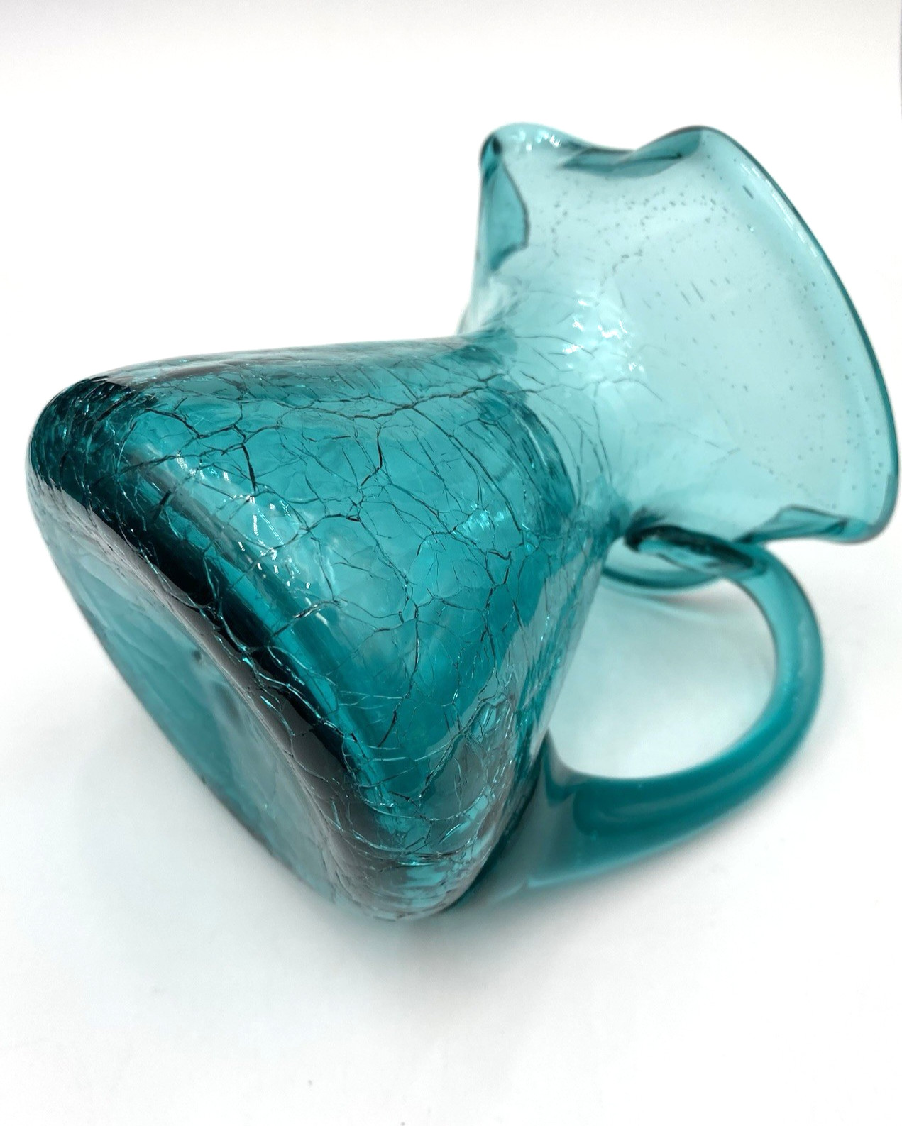 Vintage (1960s) MCM Rainbow Glass Co. Crackle Glass Pitcher, Teal, 4.25″ Tall