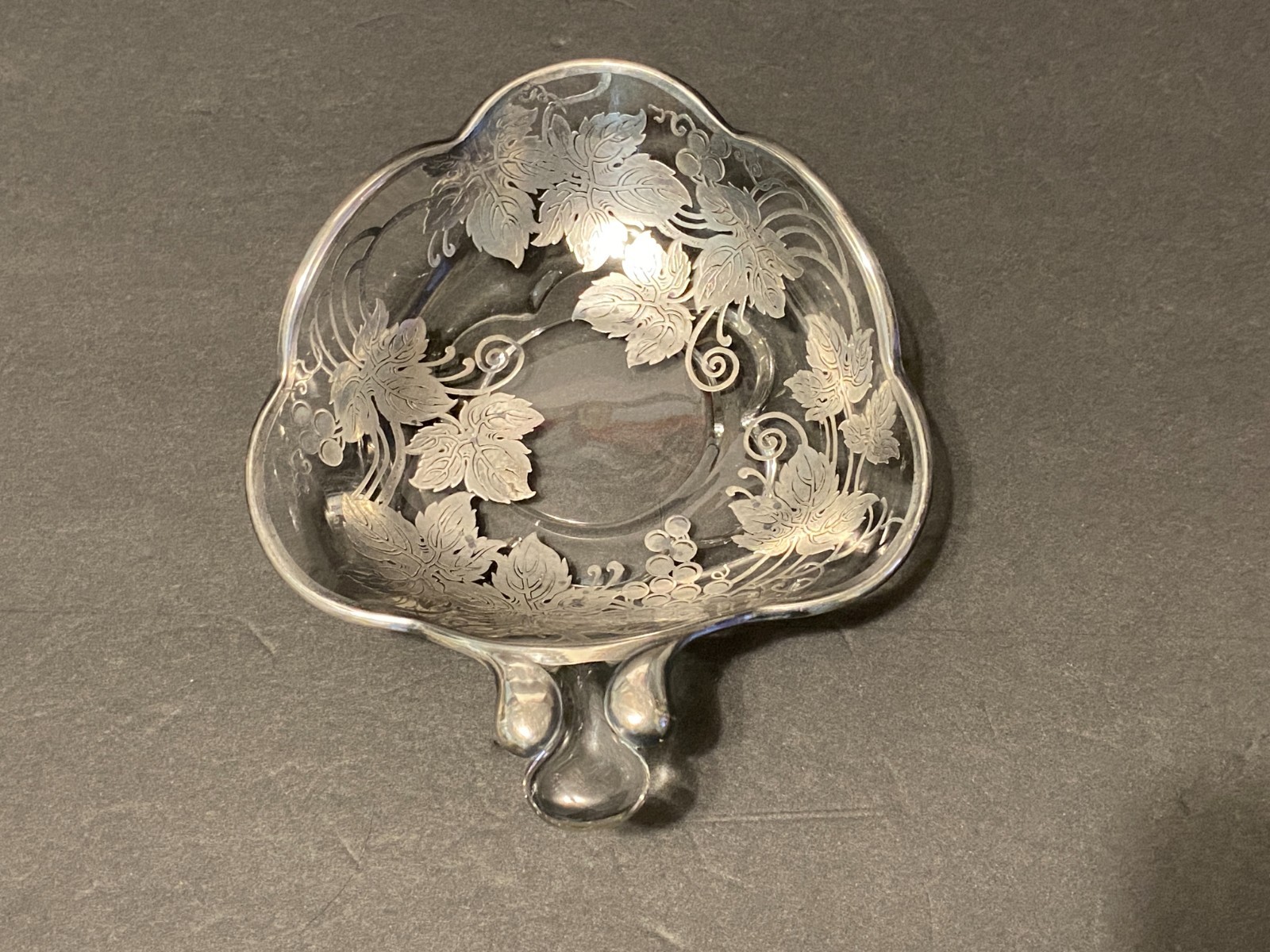 Vintage Silver Overlay Glass Candy Nut Dish Grape Vines Leaves Grapes