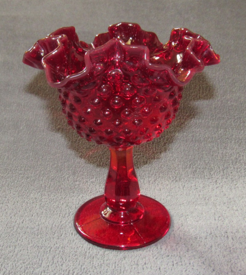 ​Vintage FENTON Ruby Red Hobnail Glass Ruffled Compote Candy Dish Pedestal 6″