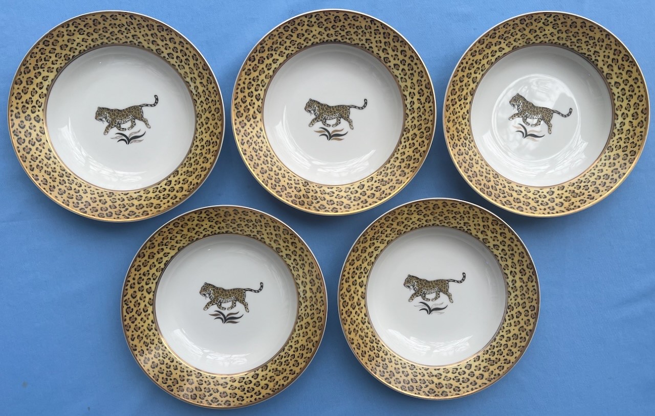 Set of FIVE Lynn Chase Amazonian Jaguar 9 1/8 Inch Flat Soup Bowls