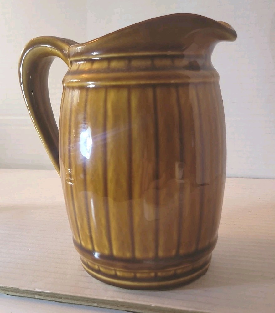 Vintage Uhl Pottery Rustic Brown Barrel Pitcher Stoneware Flaw / Planter Decor