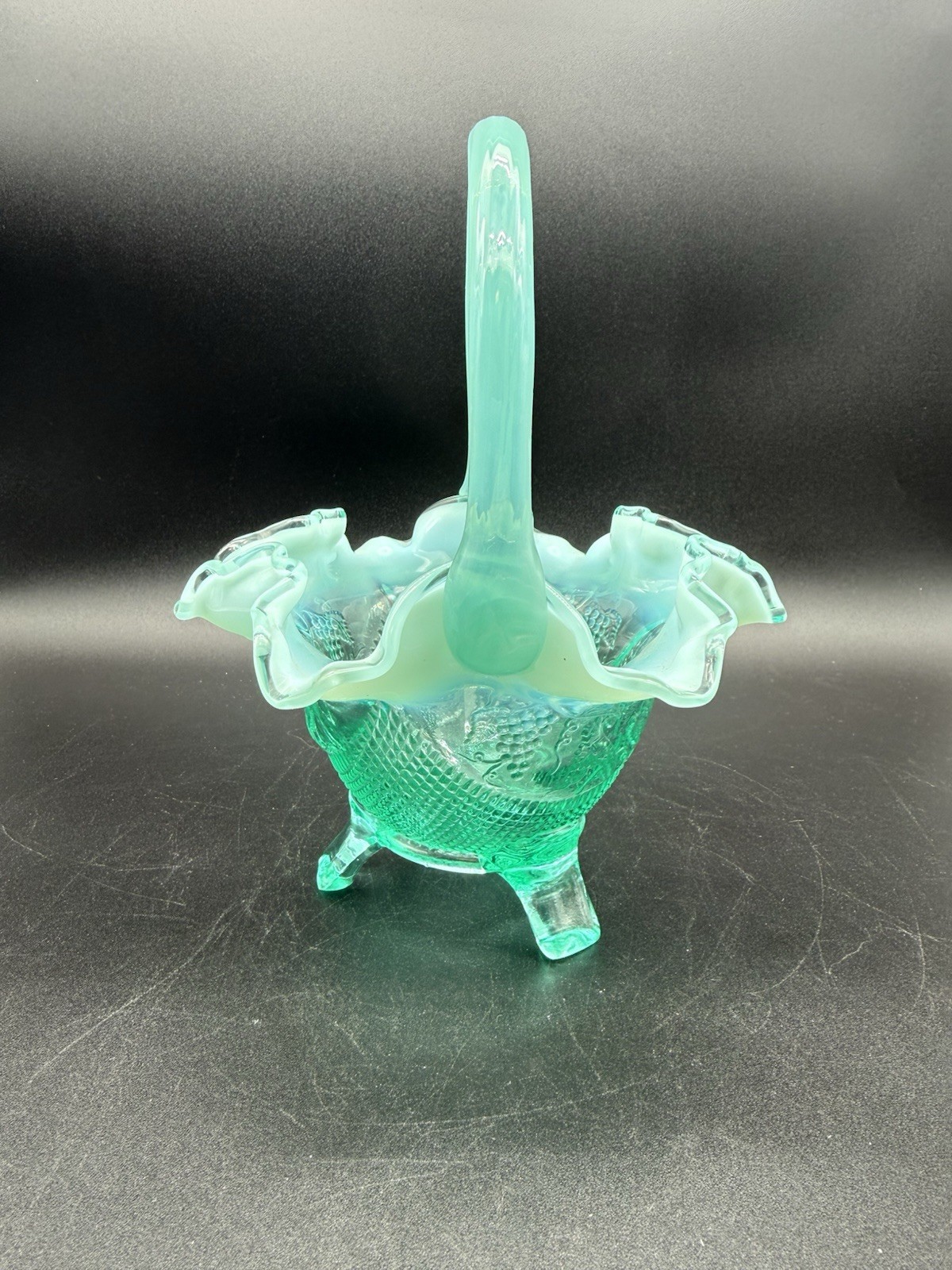 Fenton Three Toed Footed Basket Dish Bowl Aqua Blue Opalescent Grapevines