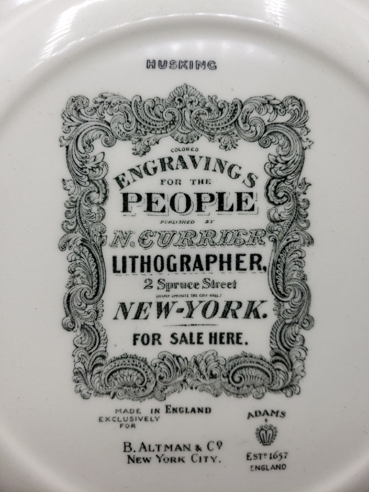 VTG Engravings for the People Plate Adams Currier 10.5″ Husking Farming Harvest