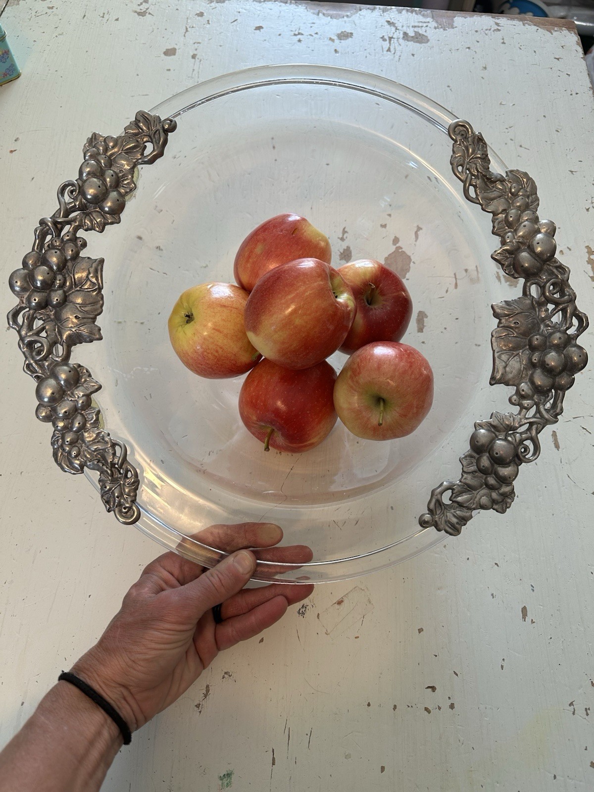 Arthur Court Vintage Glass Serving Bowl Aluminum Grape Edging Handles 1998