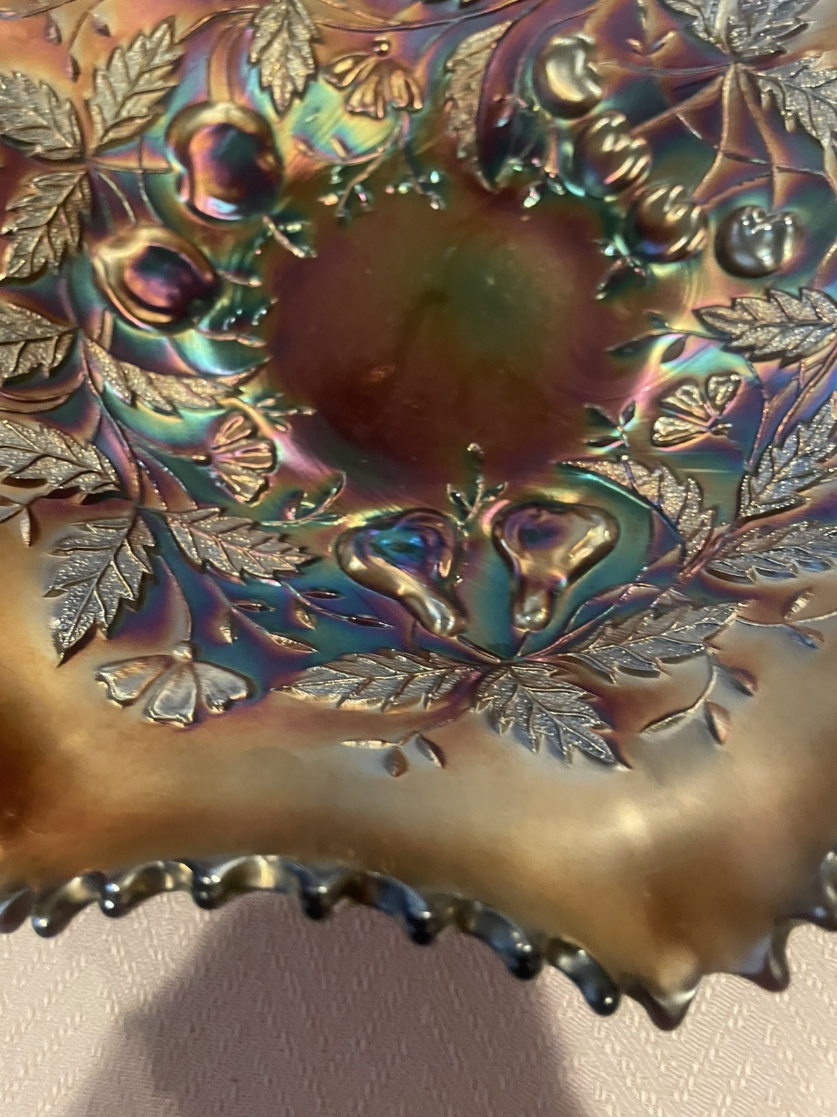 Northwood Opalescent Carnival Glass Fruit And Leaves Pattern Ruffled Edge 9.5”