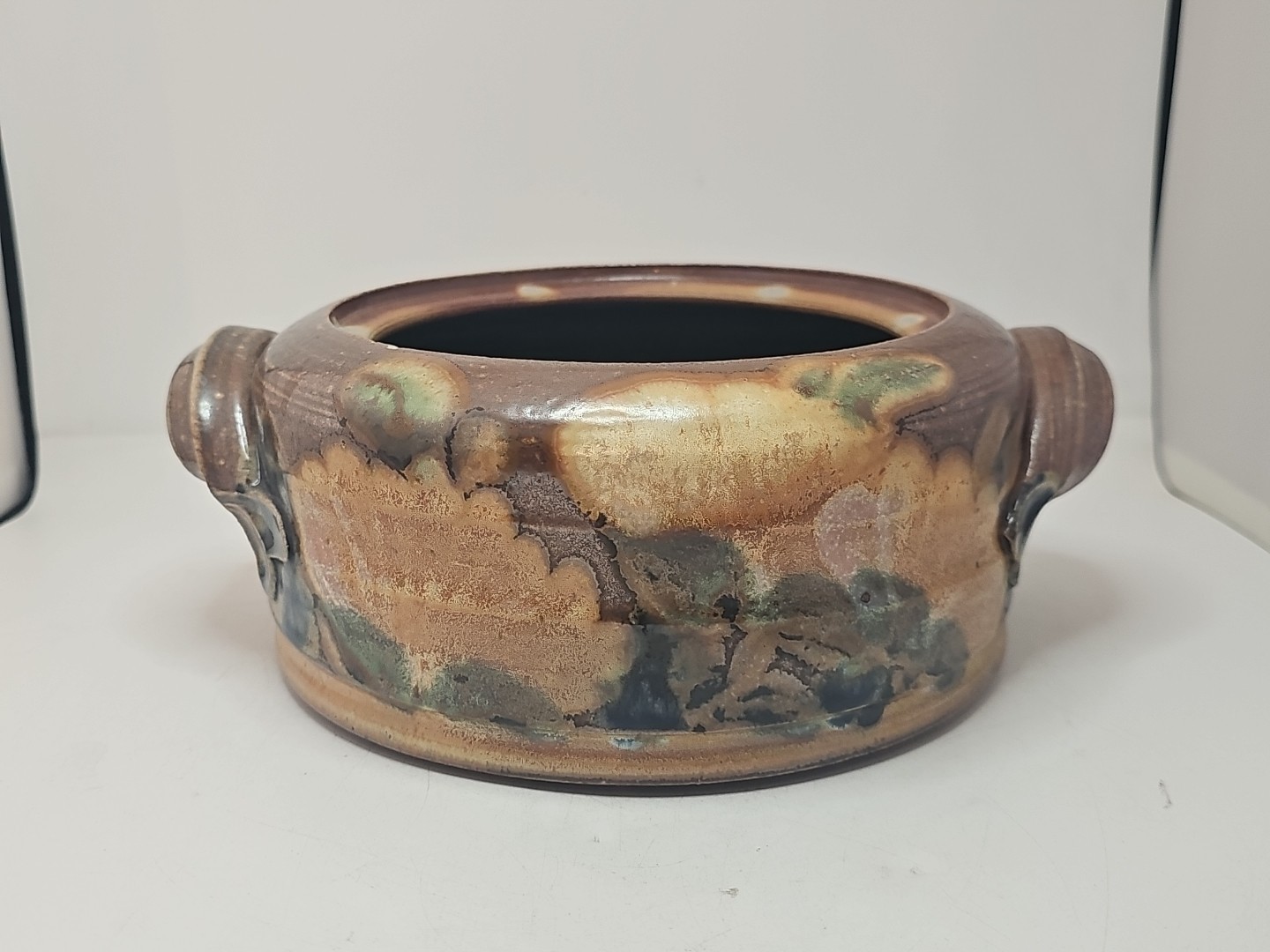 Hand Thrown Art Pottery Stoneware Casserole No Lid Brown Glaze Flowers Signed