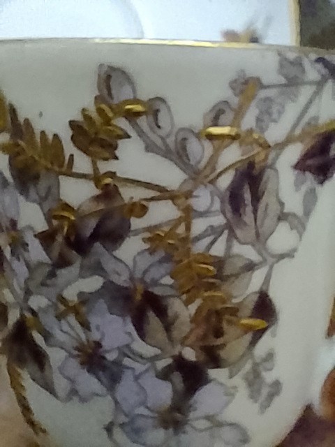 Fischer & Mieg Pirkenhammer Cup Saucer Birds BEES Hand-Painted 1890s C&S HTF
