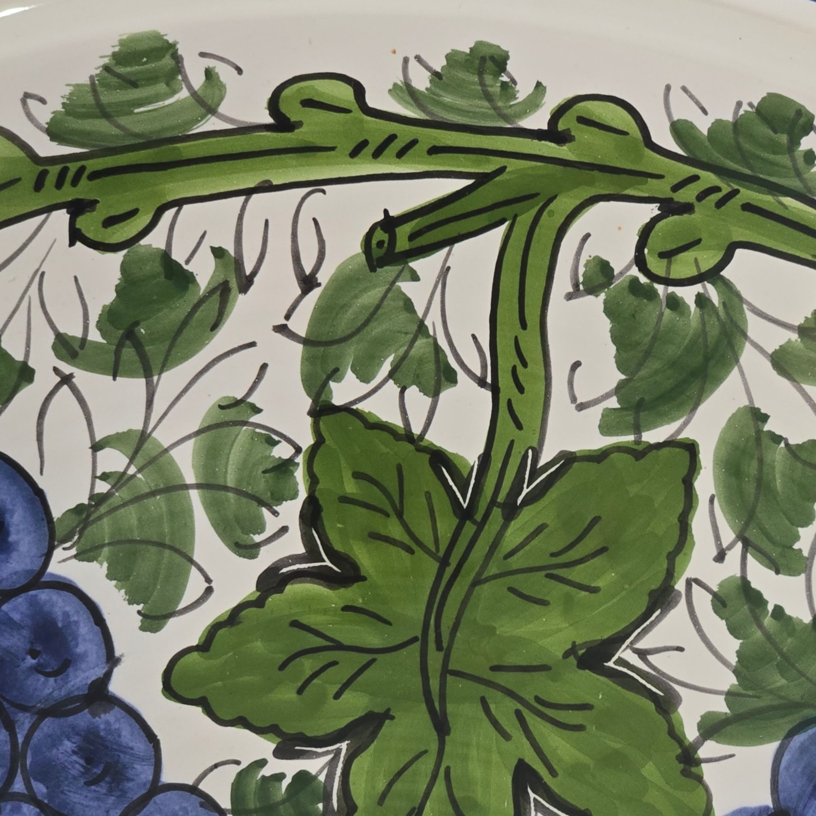Vintage Le Souk Ceramique Tunisian Hand-Painted Pottery Bowl Blue Grapes Leaves