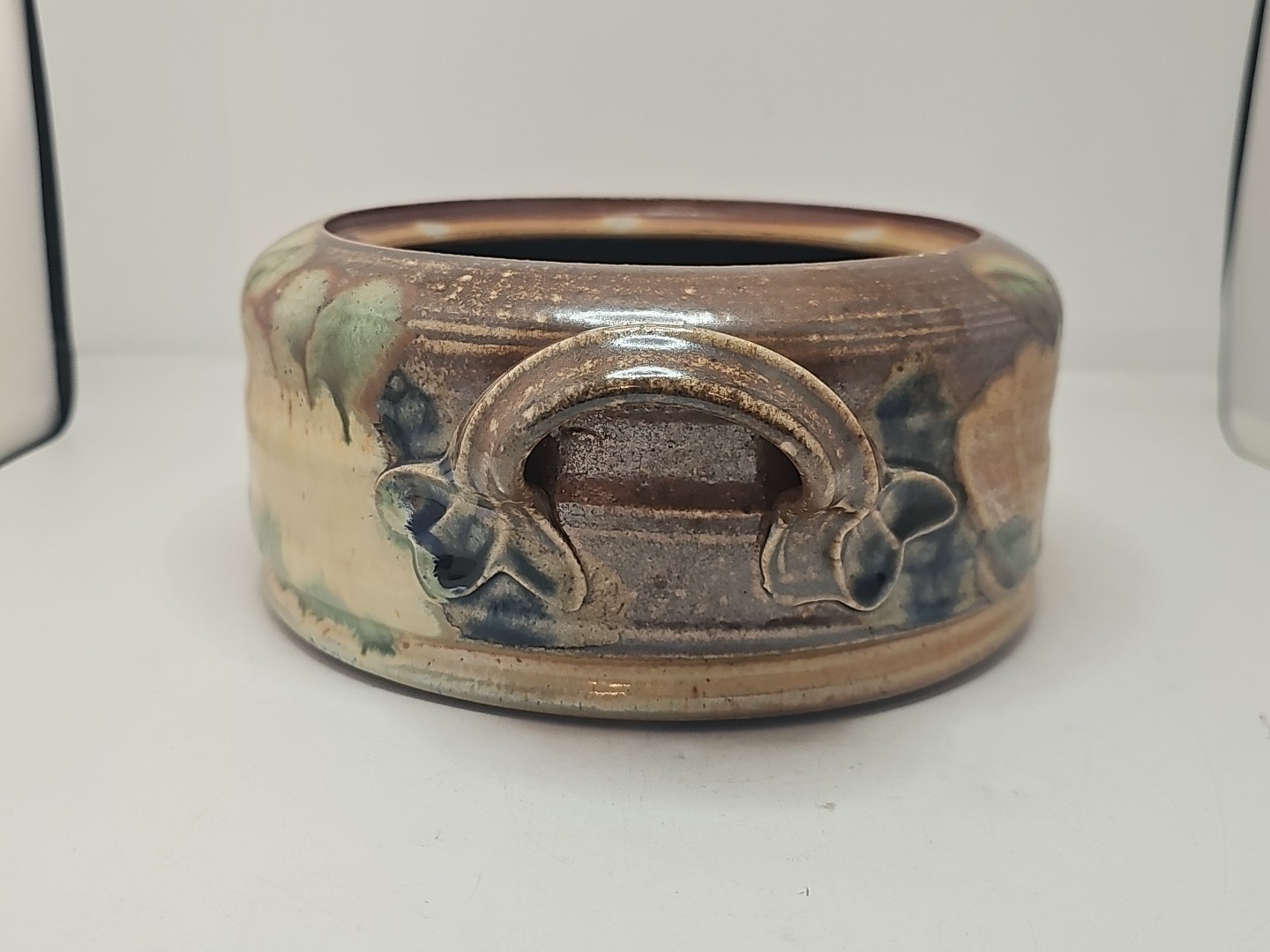Hand Thrown Art Pottery Stoneware Casserole No Lid Brown Glaze Flowers Signed