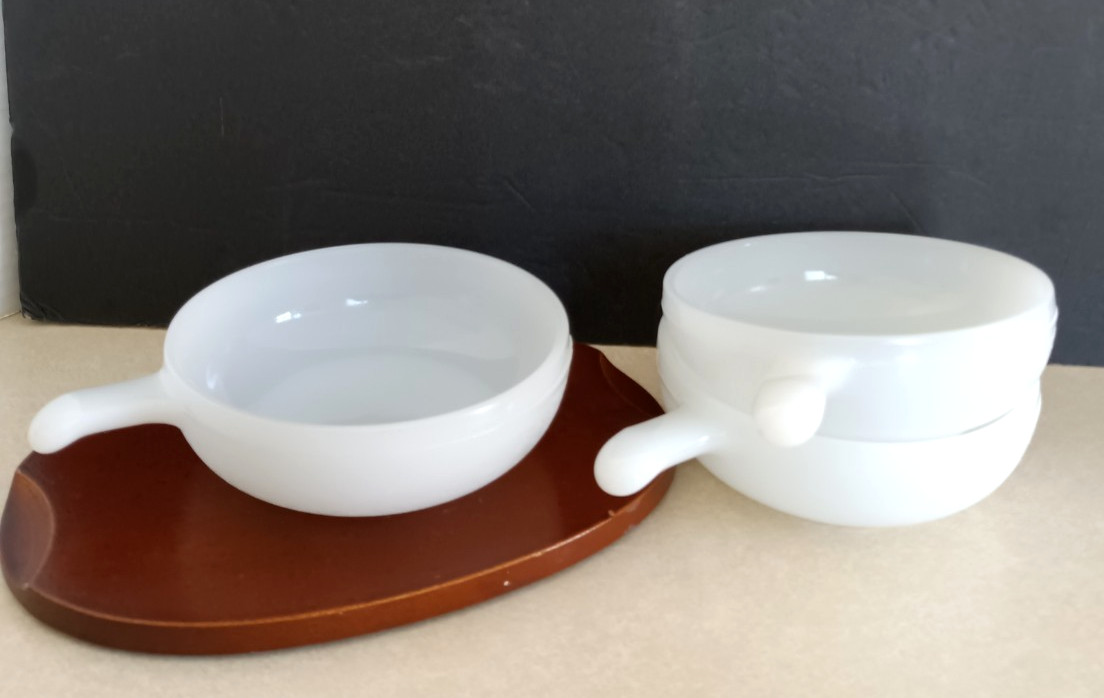 Vintage Glasbake Soup Bowls White Milk Glass Handled Crocks 5” USA Set of 3