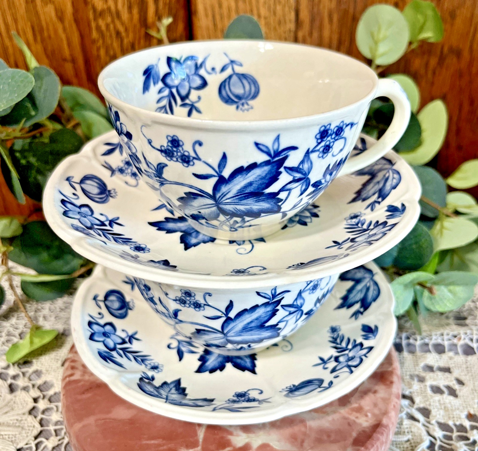 VTG Johnson Bros. England Windsor Ware Malvern Blue Teacup & Saucer Set – 2 Pair