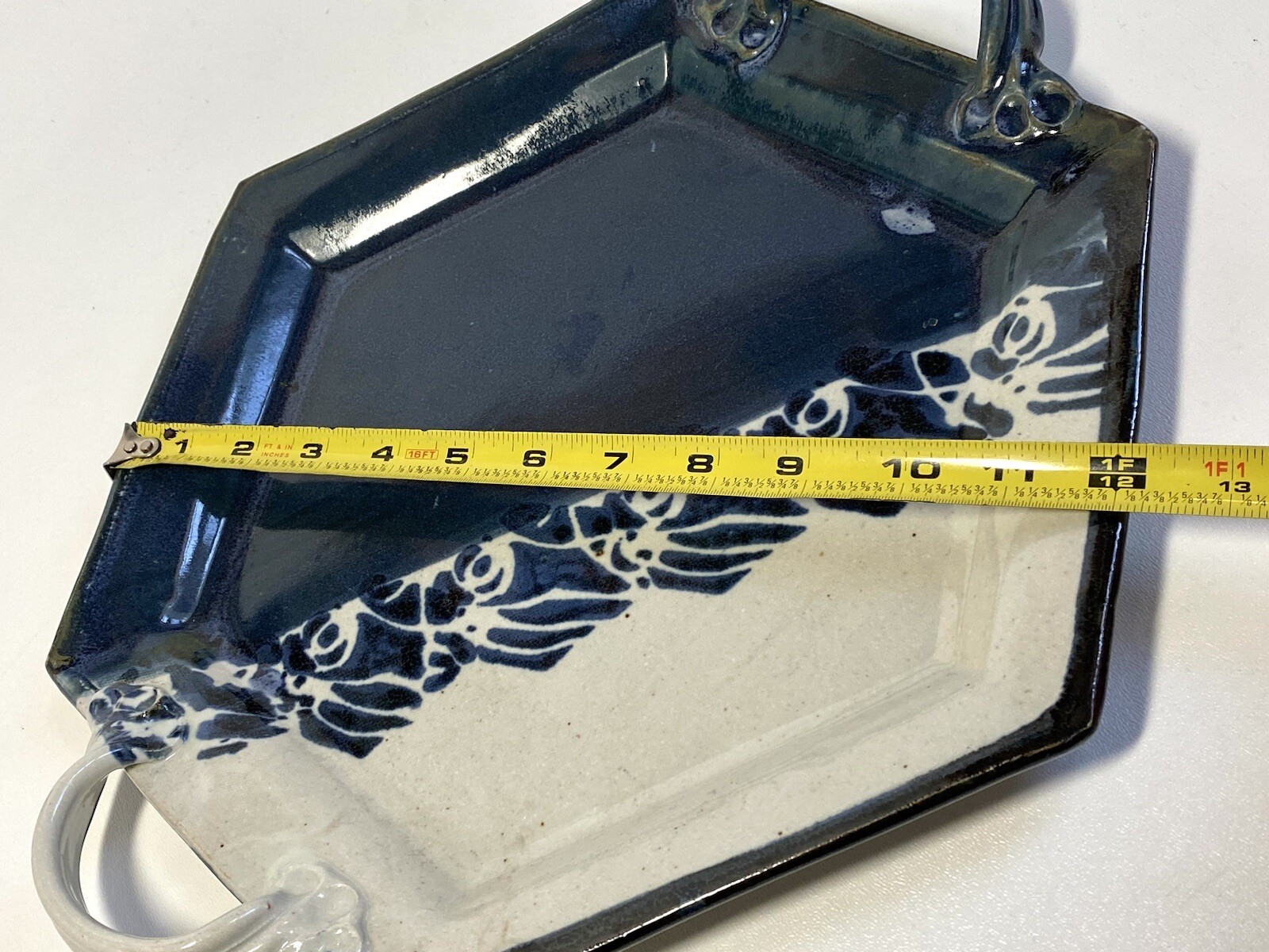Studio Pottery Geometric Hexagon Platter Serving Tray With Handles Signed