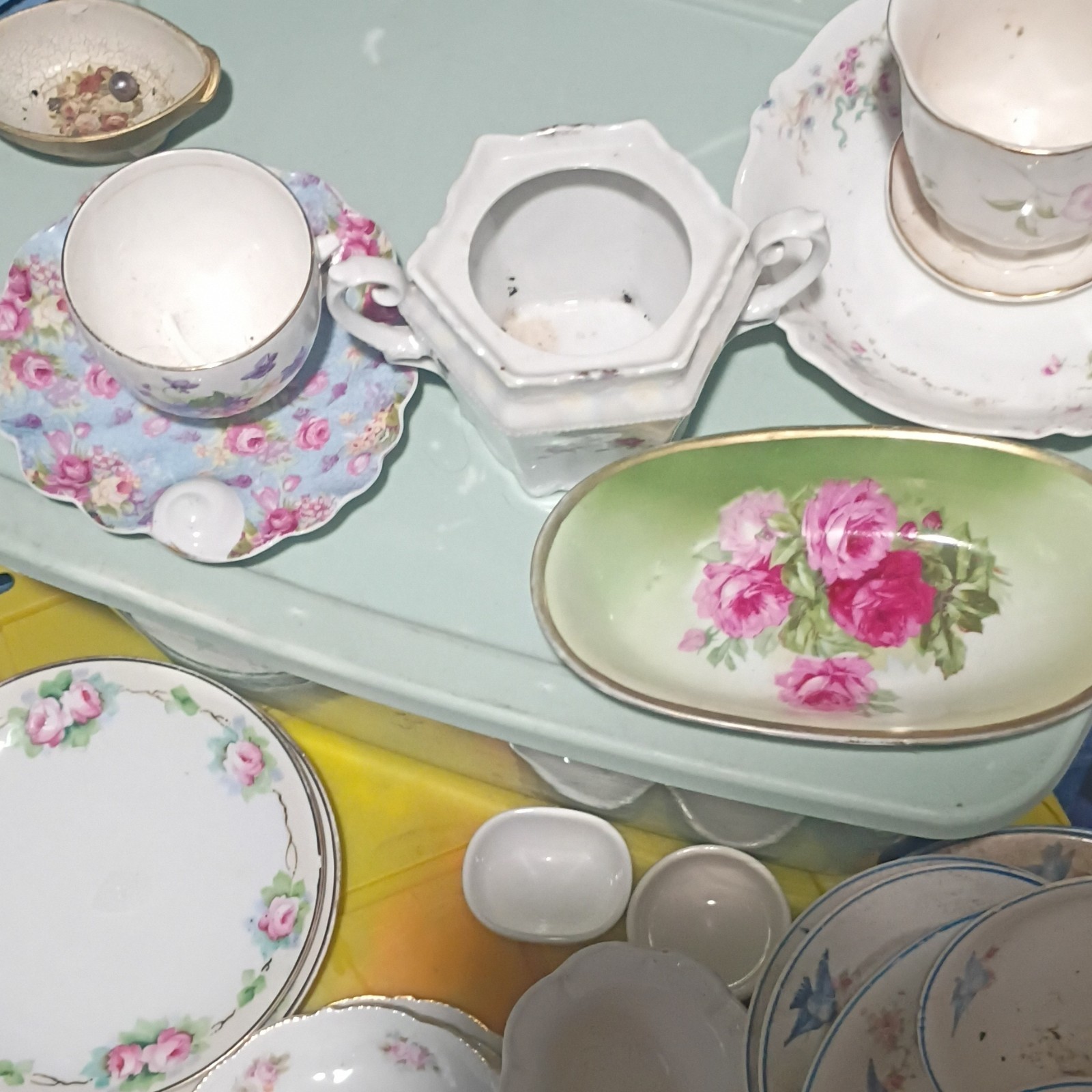Unmarked Floral Porcelain Dishes Lot, White Pink Green Gold Trim, Glossy