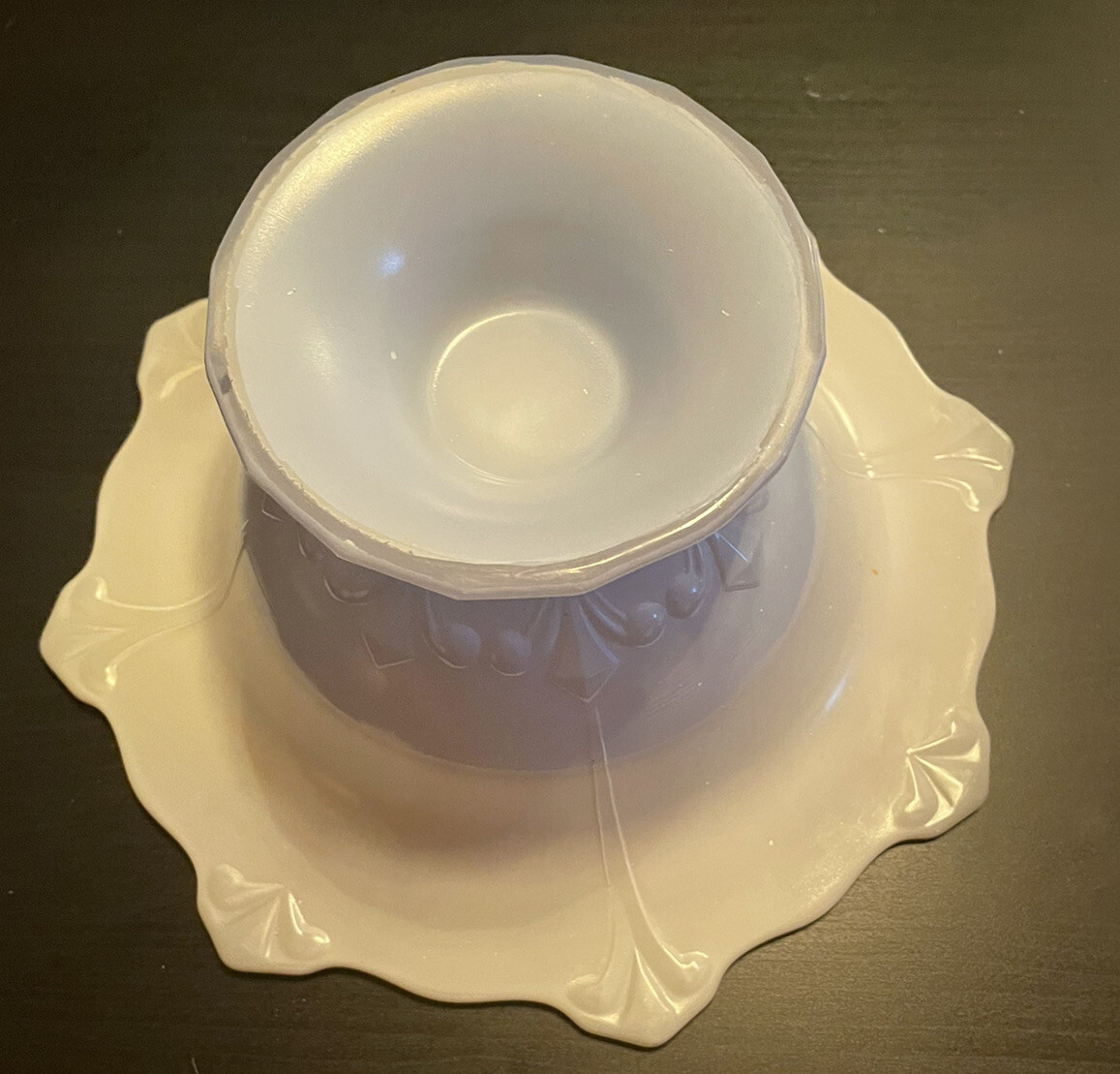 Baby Blue Art glass Bowl Pink Roses Platinum trim on Clear & White Glass