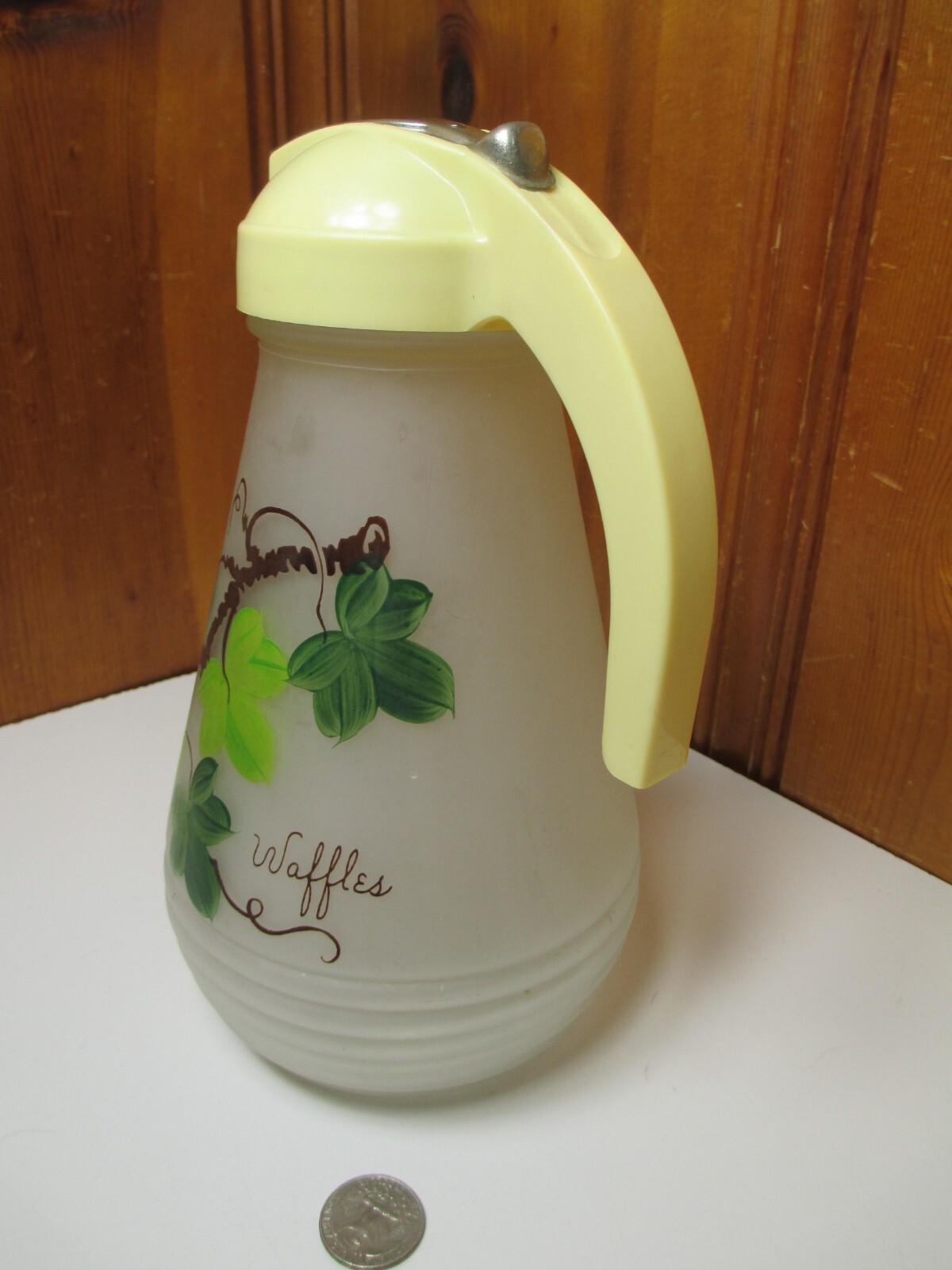Vintage Hazel Atlas Frosted Glass Waffle Batter Syrup Pitcher Green Vines Lid