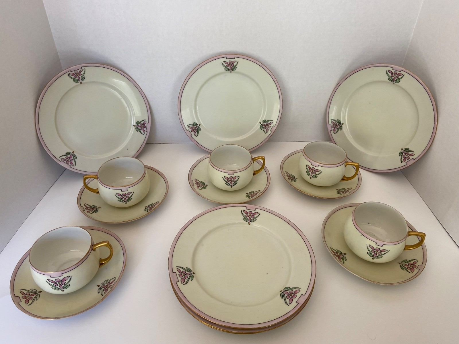Rare Matching set Antique Arts & Crafts hand painted cups saucers plates c.1905